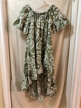 Olive Green Paisley Off Shoulder Hi Low Ruffle Boho Midi Dress Women’s L